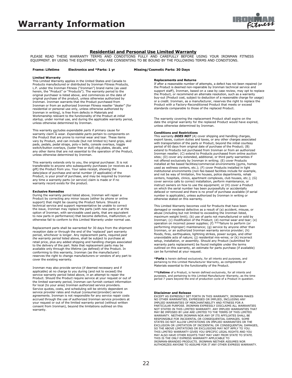 Warranty information | Ironman Fitness Ironman Elliptical 125E User Manual | Page 22 / 24