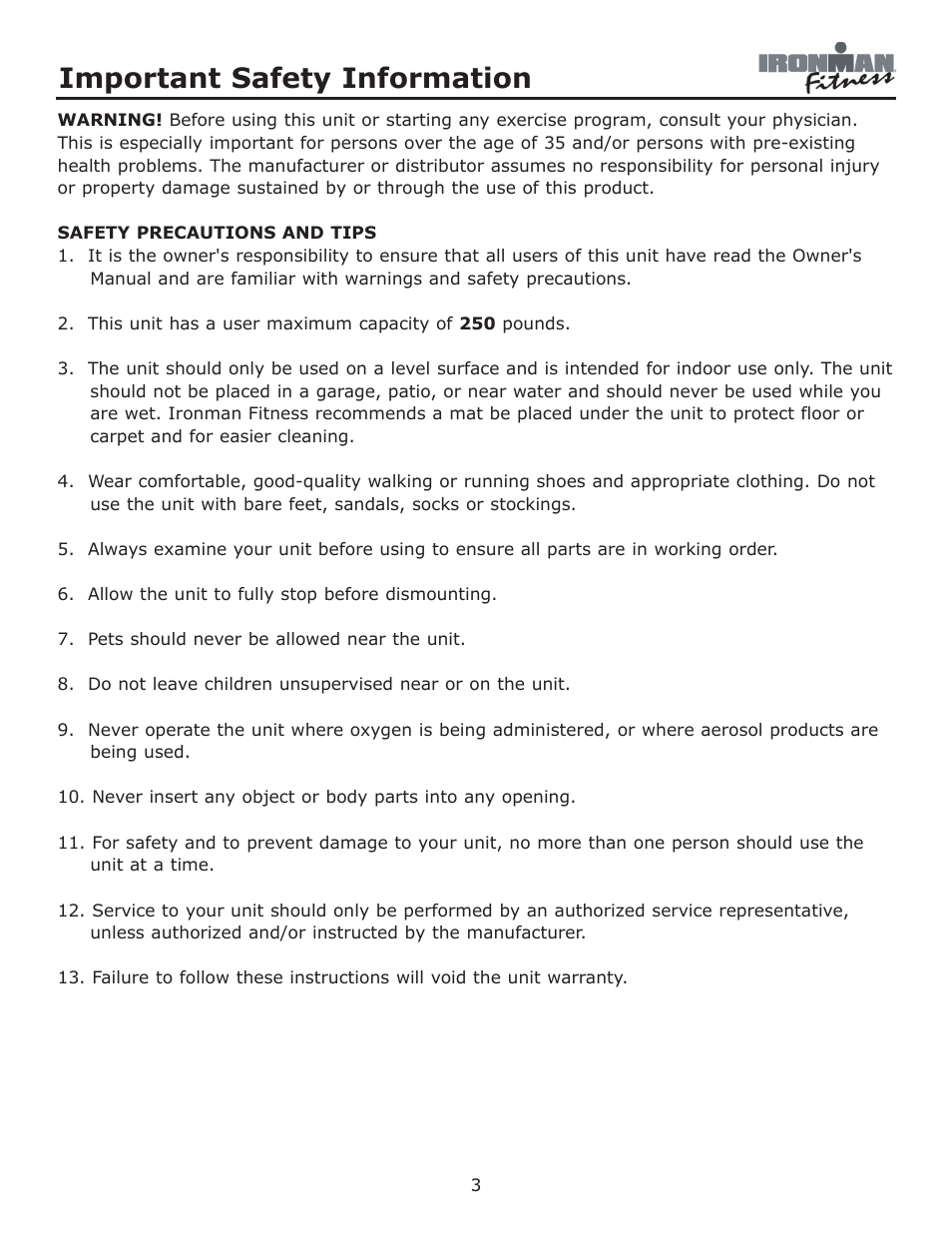 Important safety information | Ironman Fitness Ironman Elliptical 125E User Manual | Page 3 / 24
