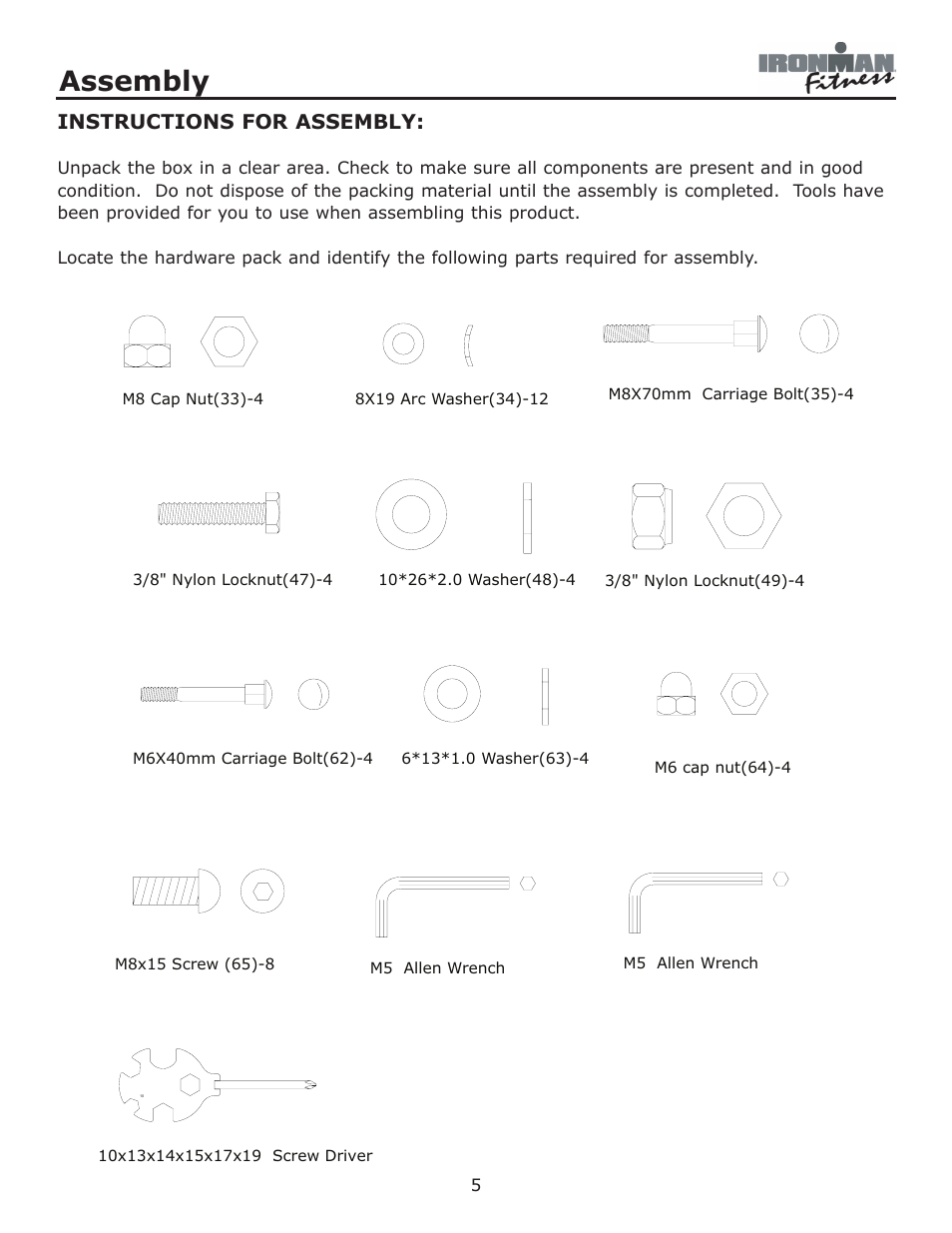 Assembly, Instructions for assembly | Ironman Fitness Ironman Elliptical 125E User Manual | Page 5 / 24