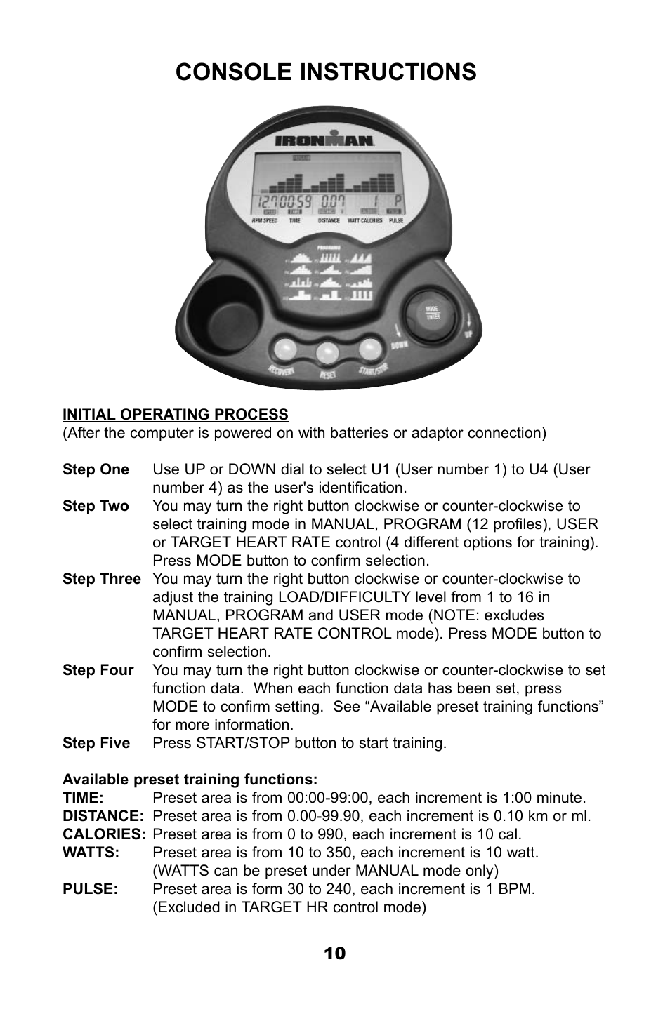 Console instructions | Ironman Fitness M3EL User Manual | Page 12 / 24