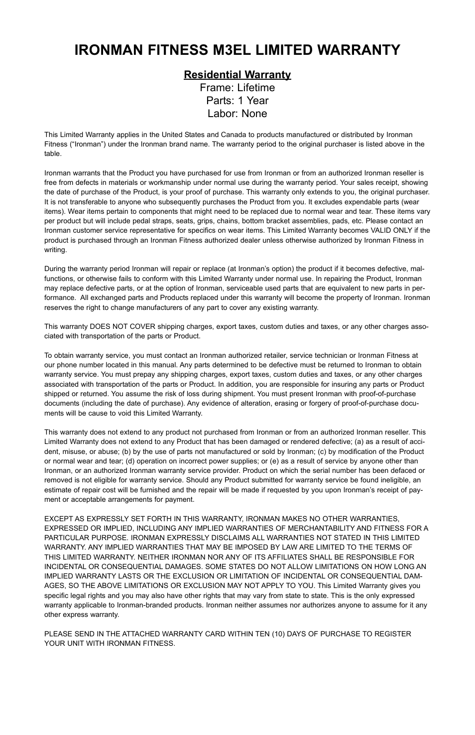 Ironman fitness m3el limited warranty | Ironman Fitness M3EL User Manual | Page 23 / 24