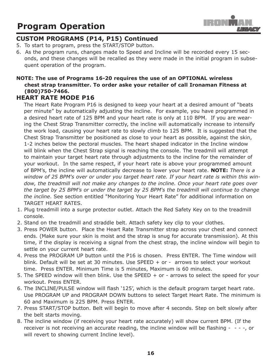Heart rate mode p16, Program operation | Ironman Fitness LEGACY User Manual | Page 16 / 42