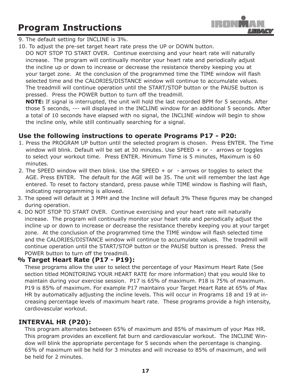 Program instructions | Ironman Fitness LEGACY User Manual | Page 17 / 42