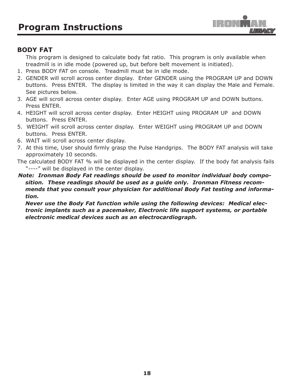 Body fat, Program instructions | Ironman Fitness LEGACY User Manual | Page 18 / 42