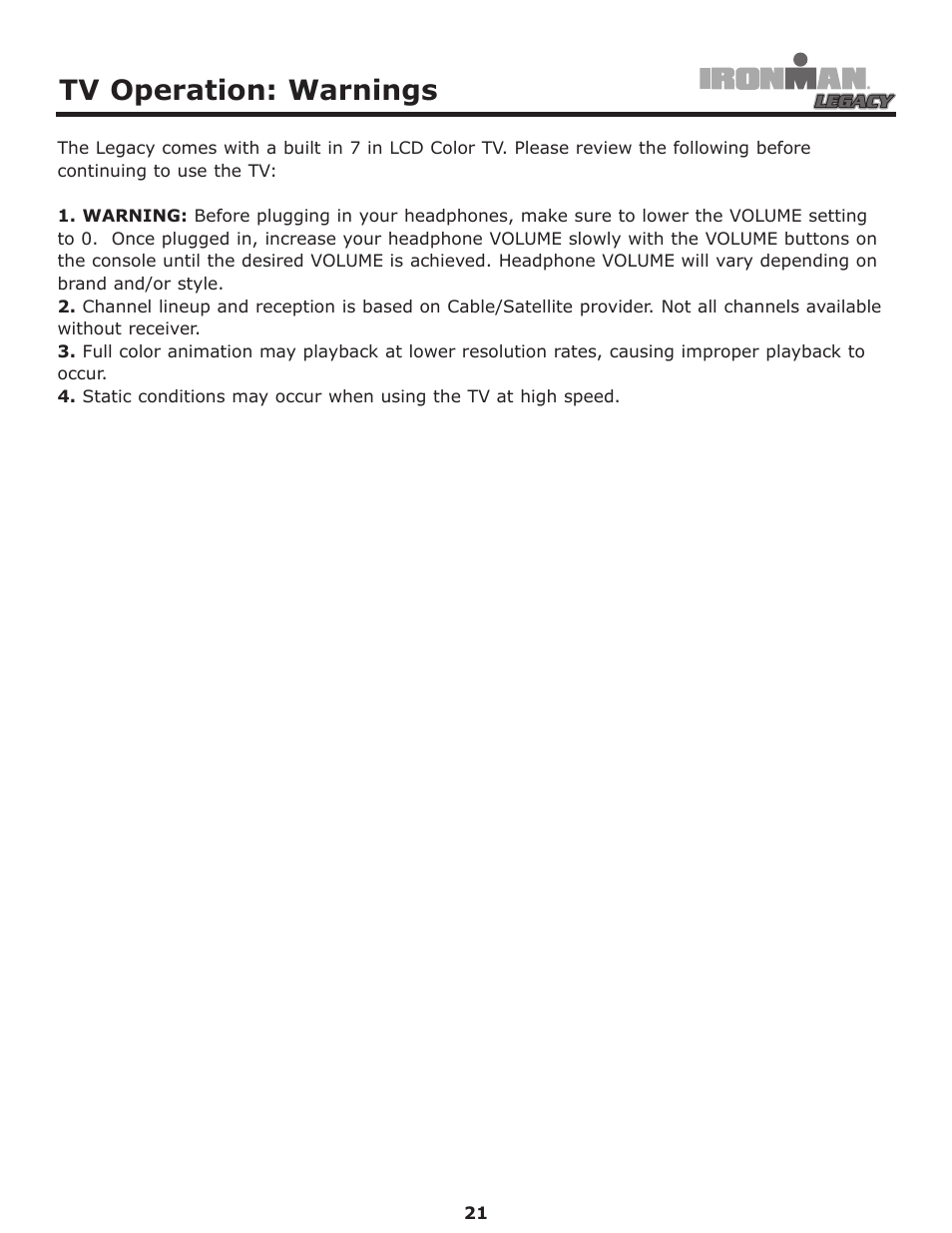 Tv operation, Tv operation: warnings | Ironman Fitness LEGACY User Manual | Page 21 / 42