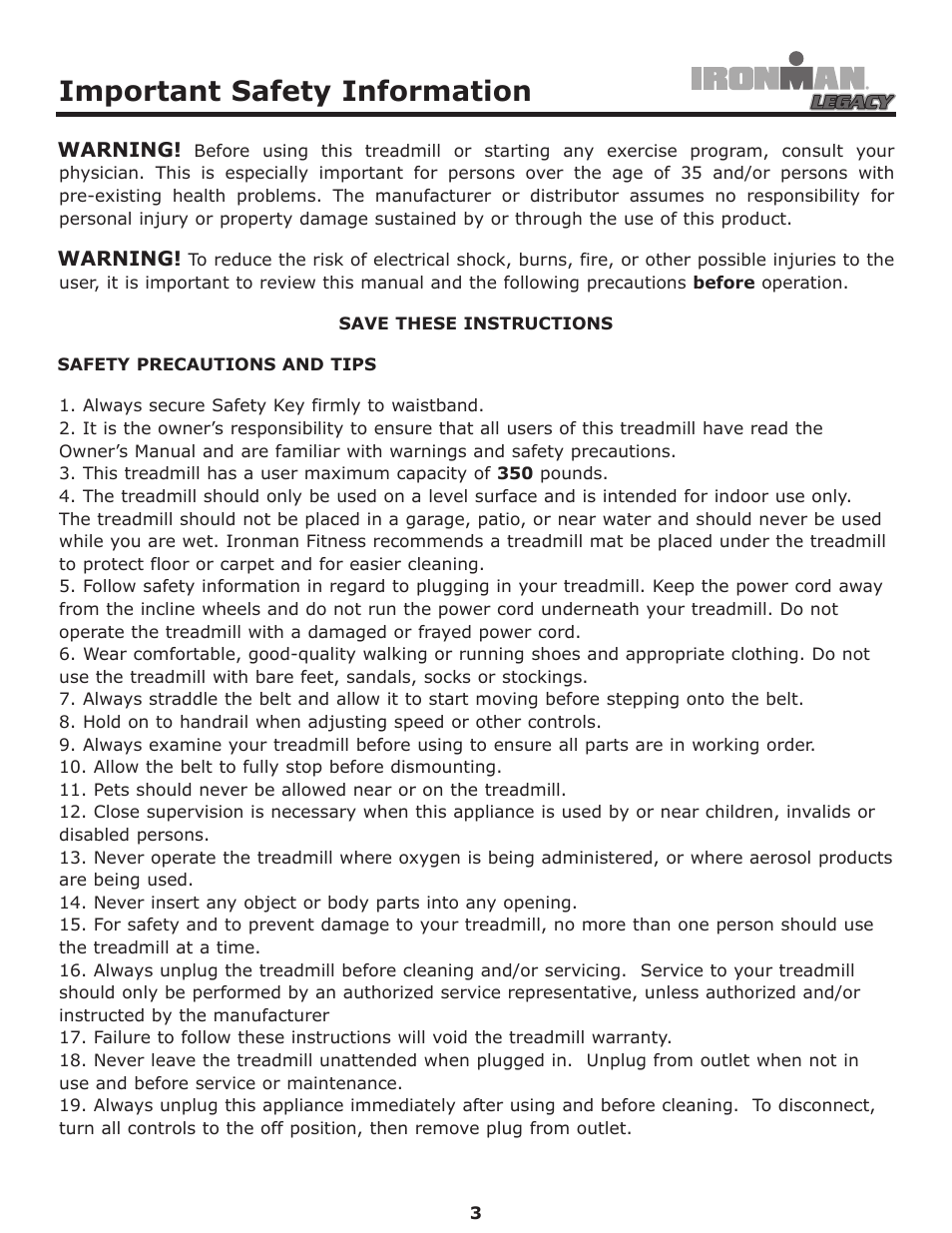 Important safety information | Ironman Fitness LEGACY User Manual | Page 3 / 42