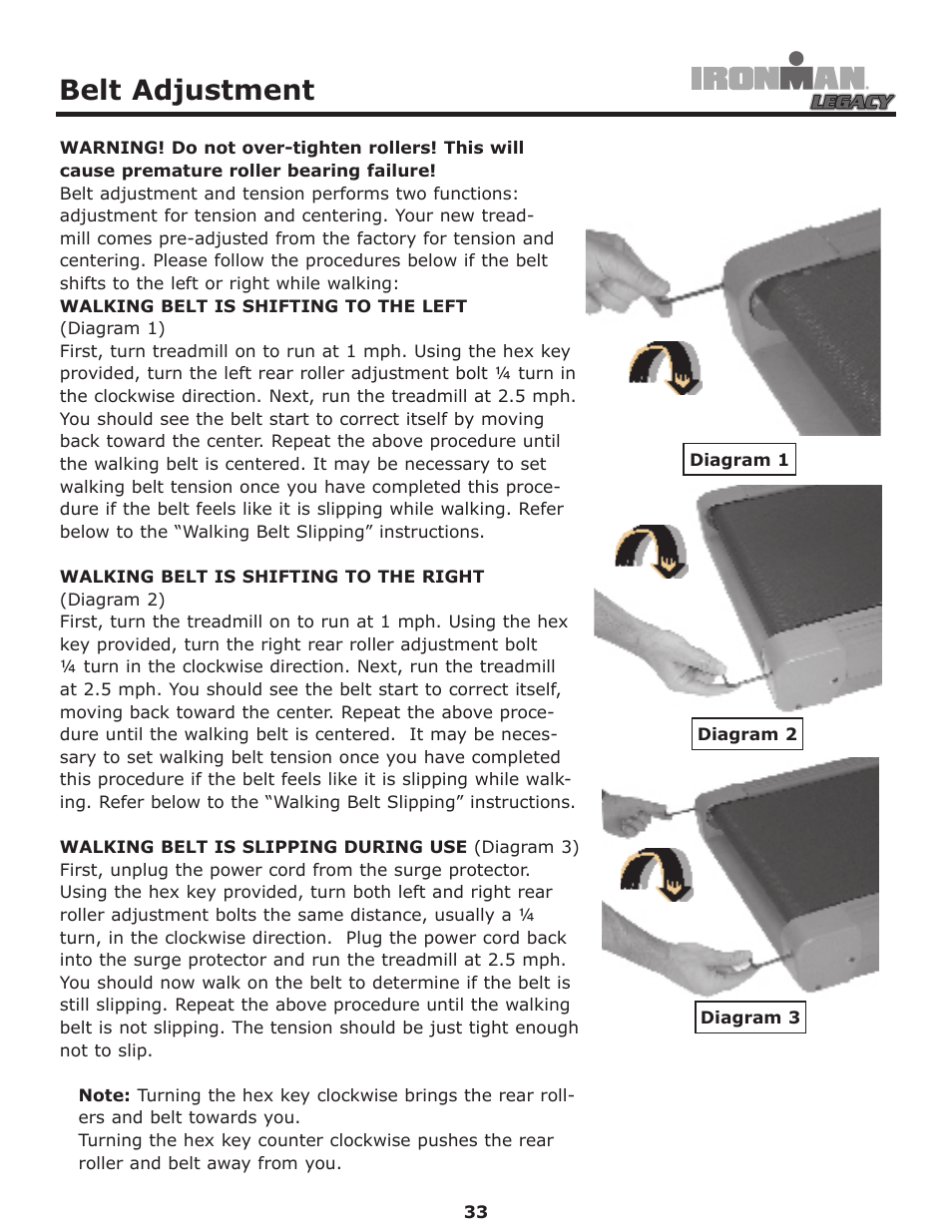Belt adjustment | Ironman Fitness LEGACY User Manual | Page 33 / 42