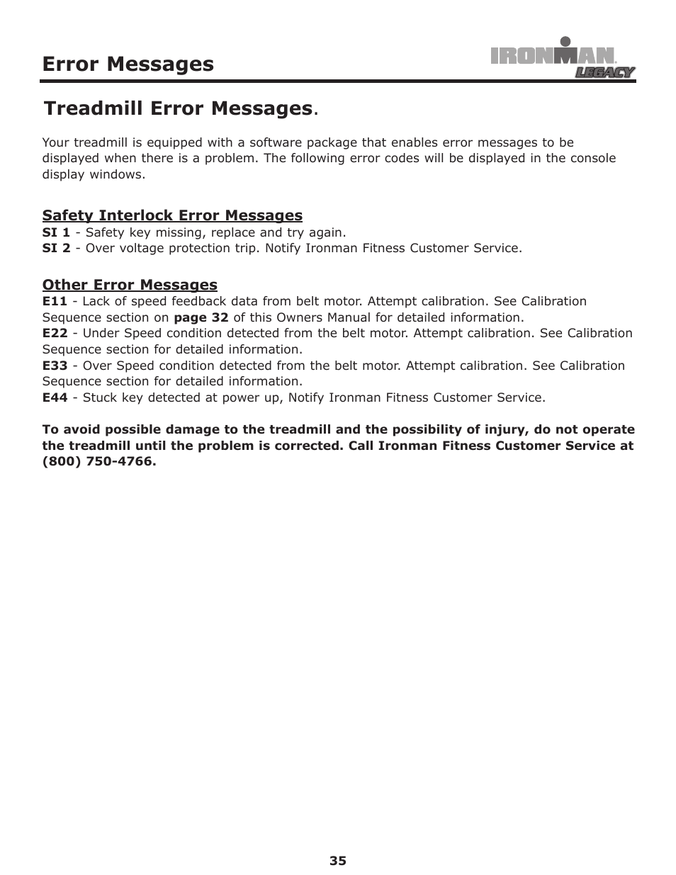 Error messages, Treadmill error messages | Ironman Fitness LEGACY User Manual | Page 35 / 42