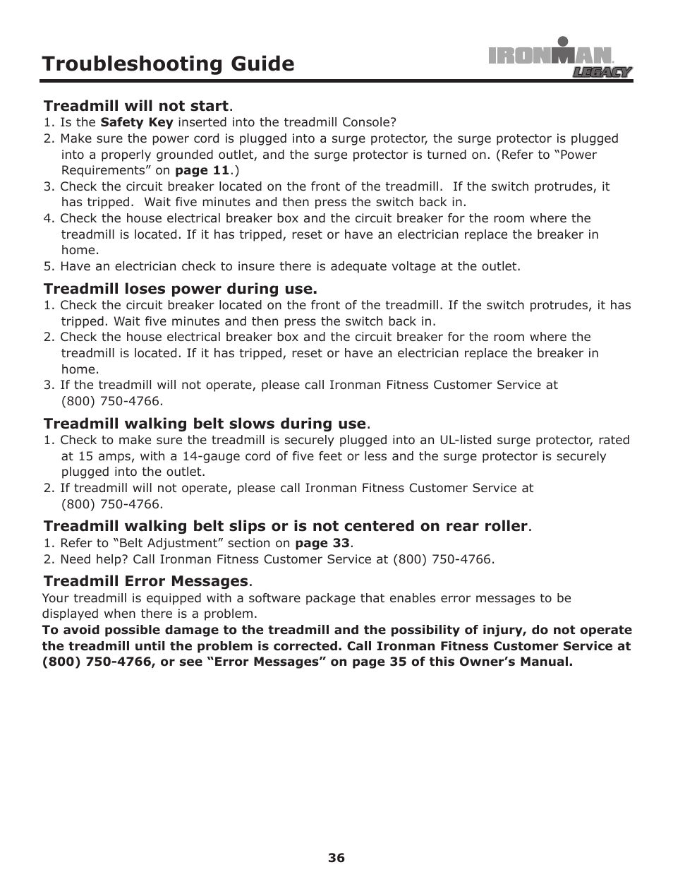 Troubleshooting guide | Ironman Fitness LEGACY User Manual | Page 36 / 42
