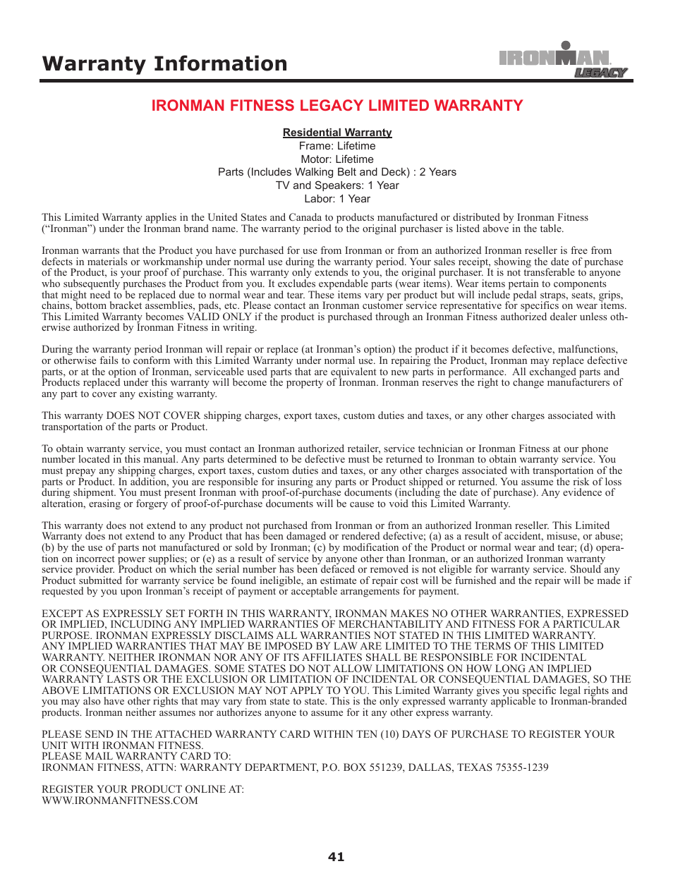 Warranty information, Ironman fitness legacy limited warranty | Ironman Fitness LEGACY User Manual | Page 41 / 42