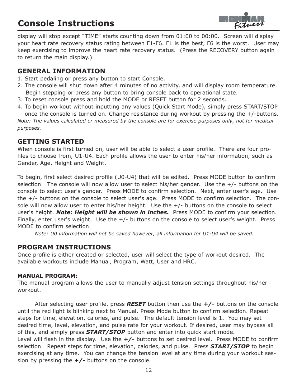 Console instructions | Ironman Fitness Alpine User Manual | Page 12 / 24