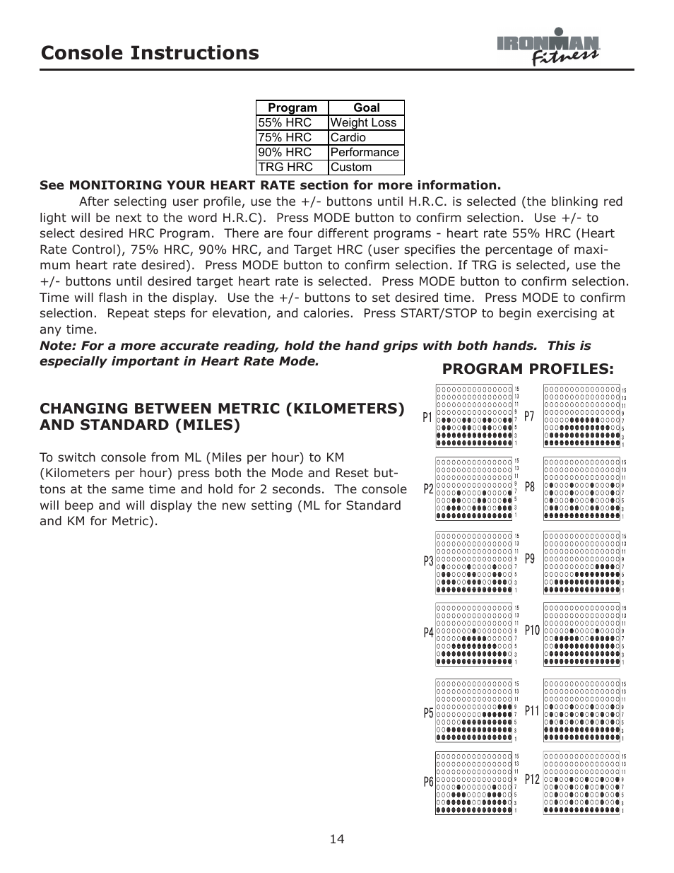 Console instructions | Ironman Fitness Alpine User Manual | Page 14 / 24