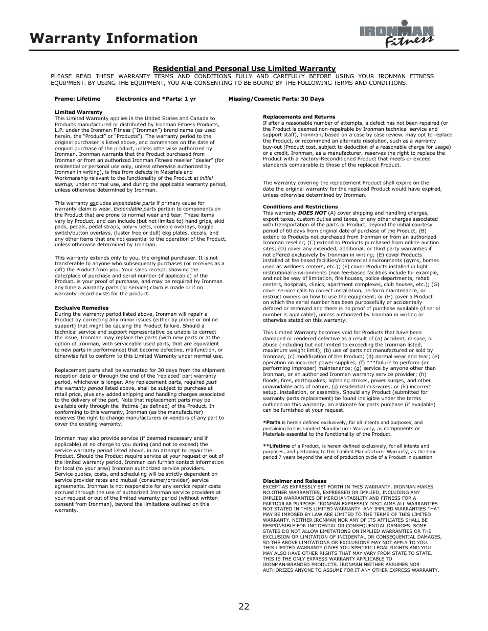 Warranty information, Residential and personal use limited warranty | Ironman Fitness Alpine User Manual | Page 22 / 24