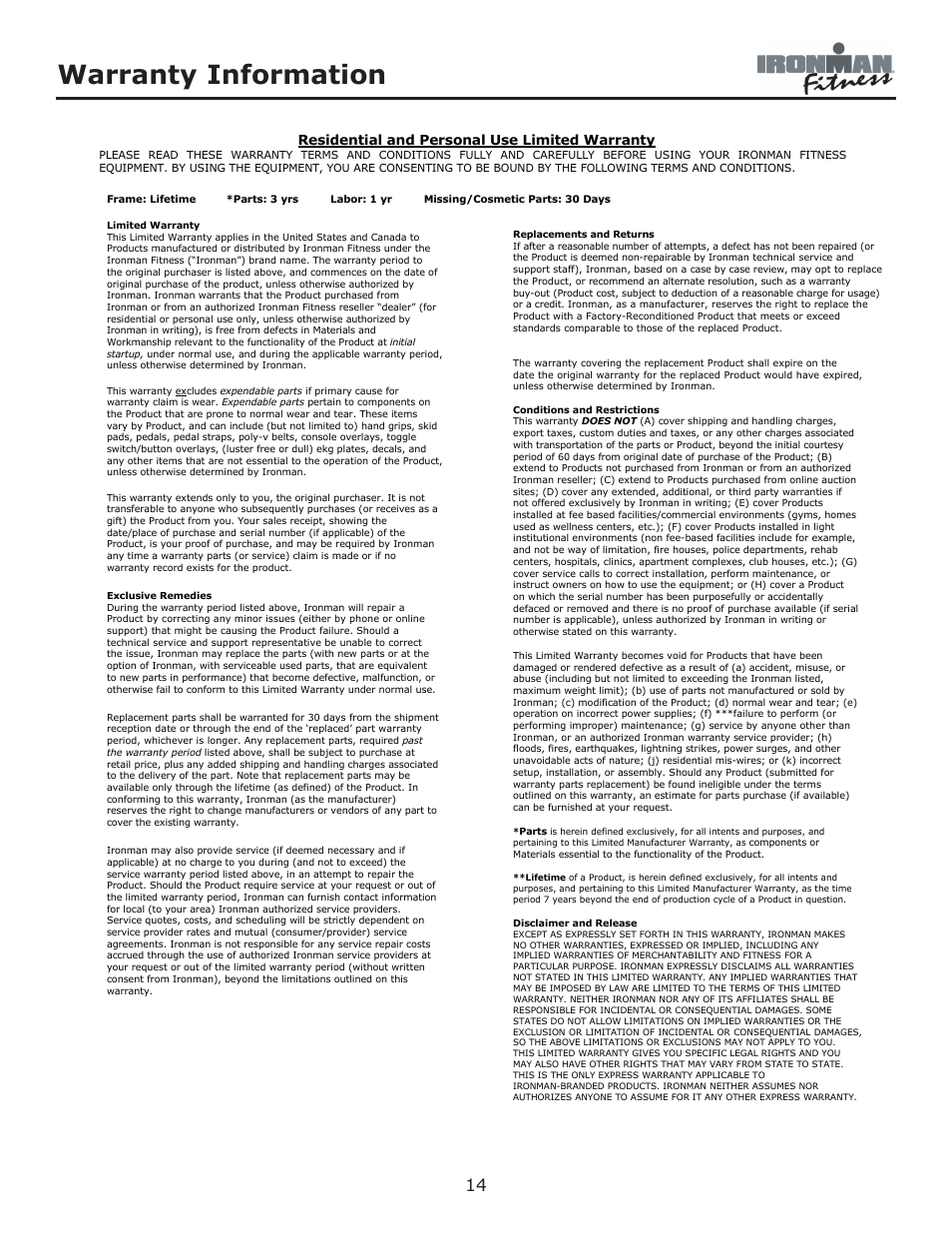 Warranty information, Residential and personal use limited warranty | Ironman Fitness Crossover User Manual | Page 14 / 15
