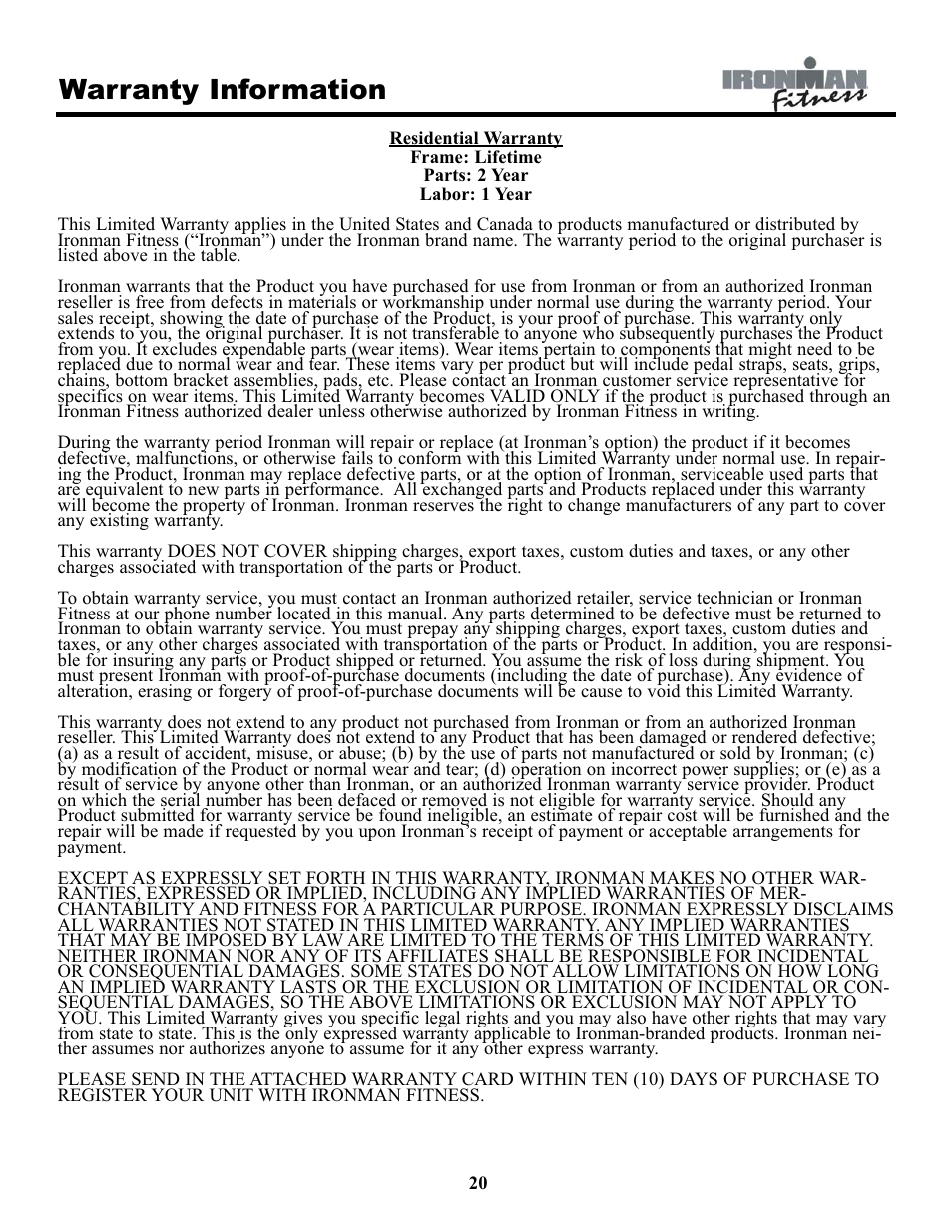 Warranty information | Ironman Fitness EVO-1 User Manual | Page 20 / 21