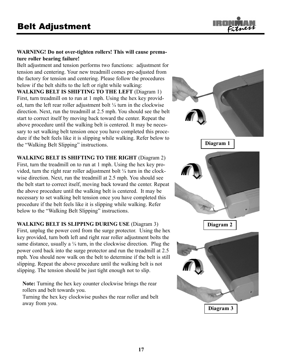 Belt adjustment | Ironman Fitness 220t User Manual | Page 17 / 28