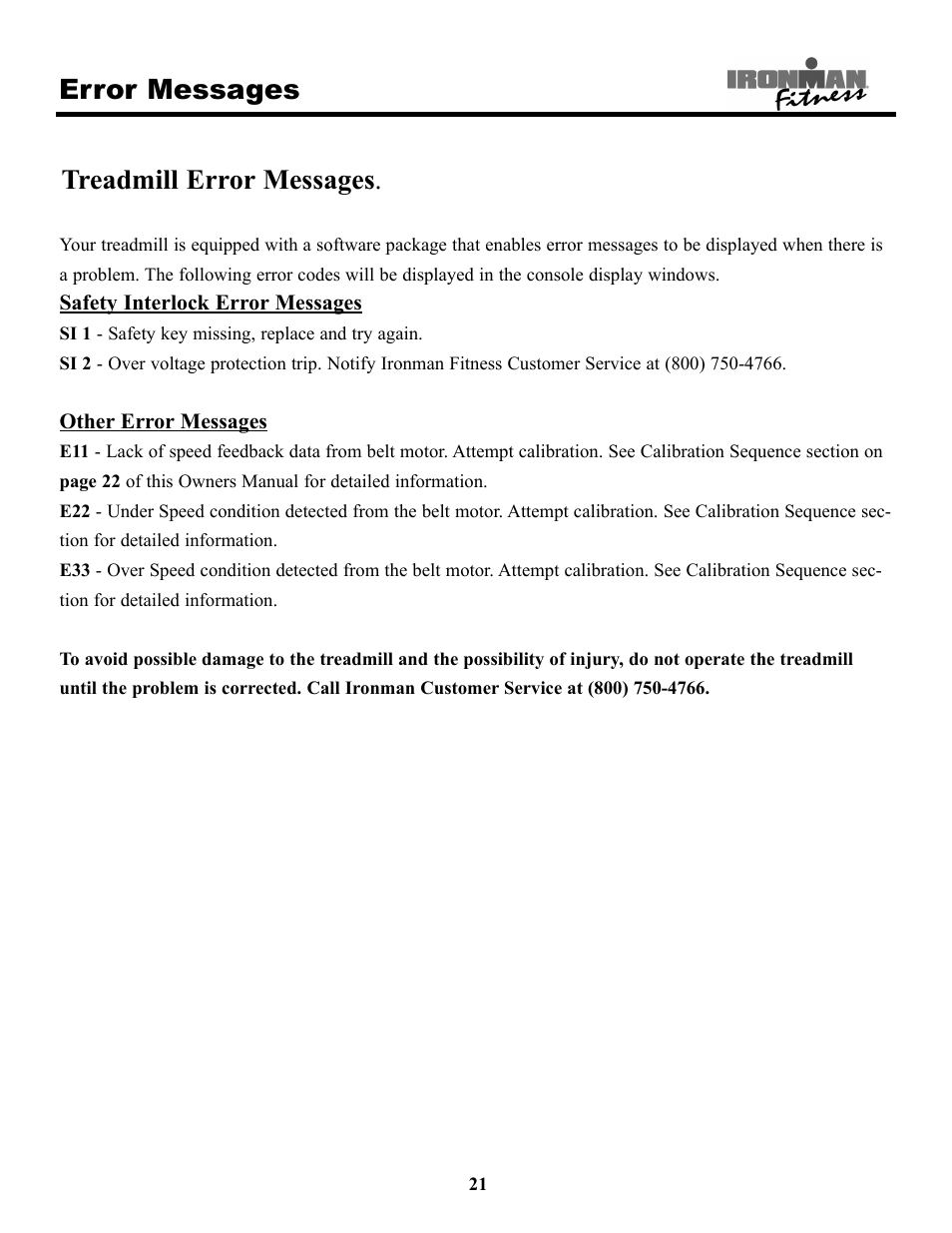 Error messages treadmill error messages | Ironman Fitness 220t User Manual | Page 21 / 28