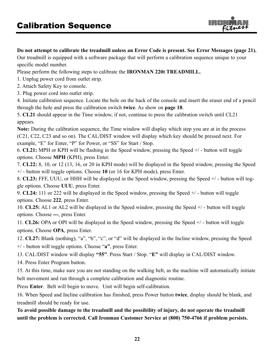 Calibration sequence | Ironman Fitness 220t User Manual | Page 22 / 28