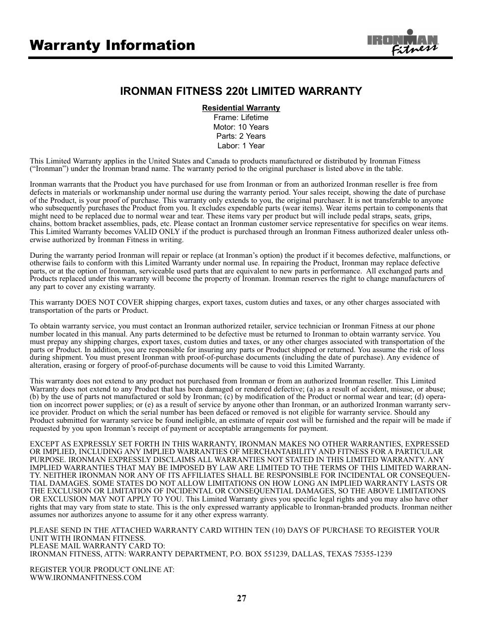 Warranty information, Ironman fitness 220t limited warranty | Ironman Fitness 220t User Manual | Page 27 / 28