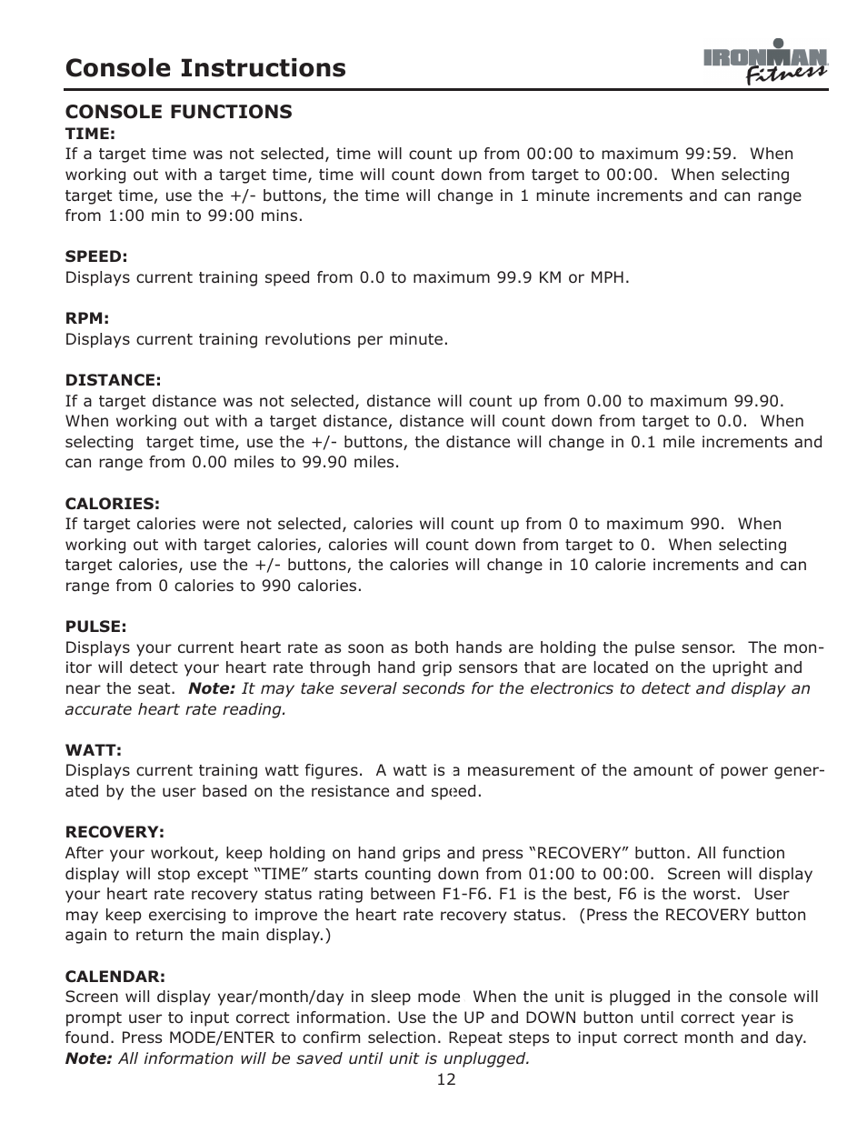 Console instructions | Ironman Fitness Adventure User Manual | Page 12 / 24