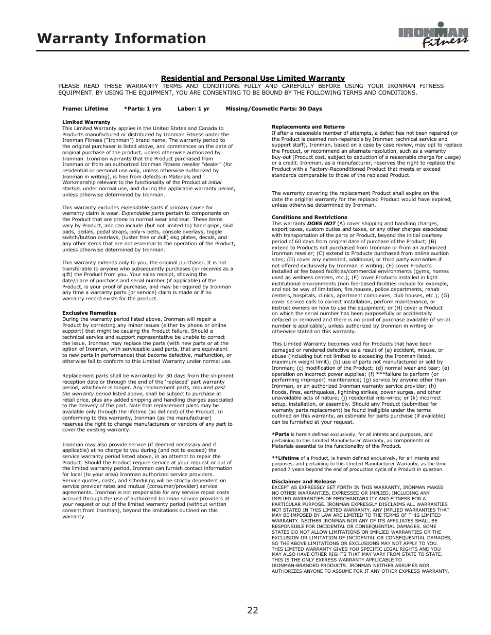 Warranty information, Residential and personal use limited warranty | Ironman Fitness Adventure User Manual | Page 22 / 24