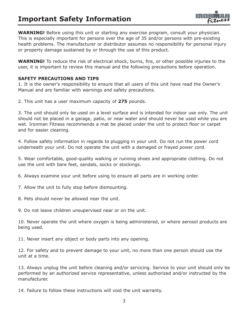 Important safety information | Ironman Fitness Adventure User Manual | Page 3 / 24