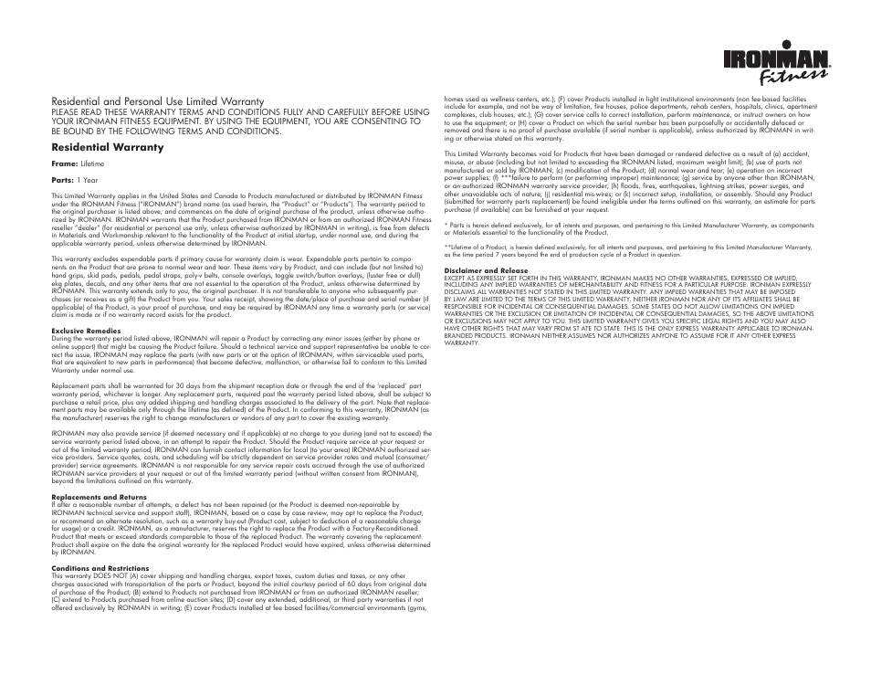 Residential and personal use limited warranty | Ironman Fitness Exploit 100125 User Manual | Page 19 / 20