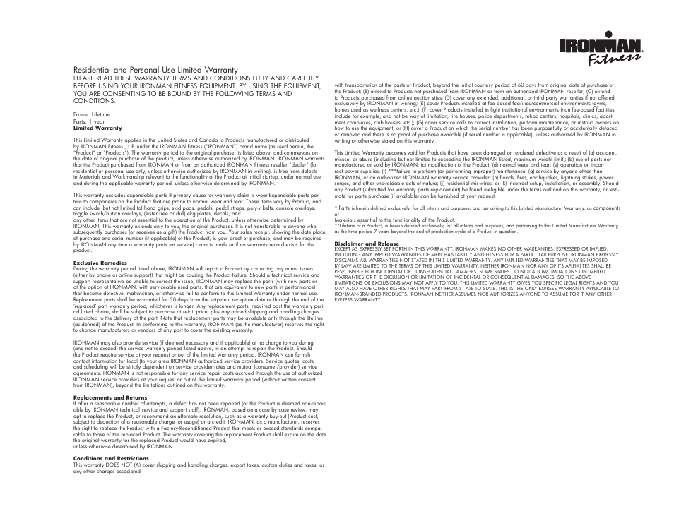 Important information 43 warranty information, Residential and personal use limited warranty | Ironman Fitness ACCLAIM IM-T7 User Manual | Page 43 / 44