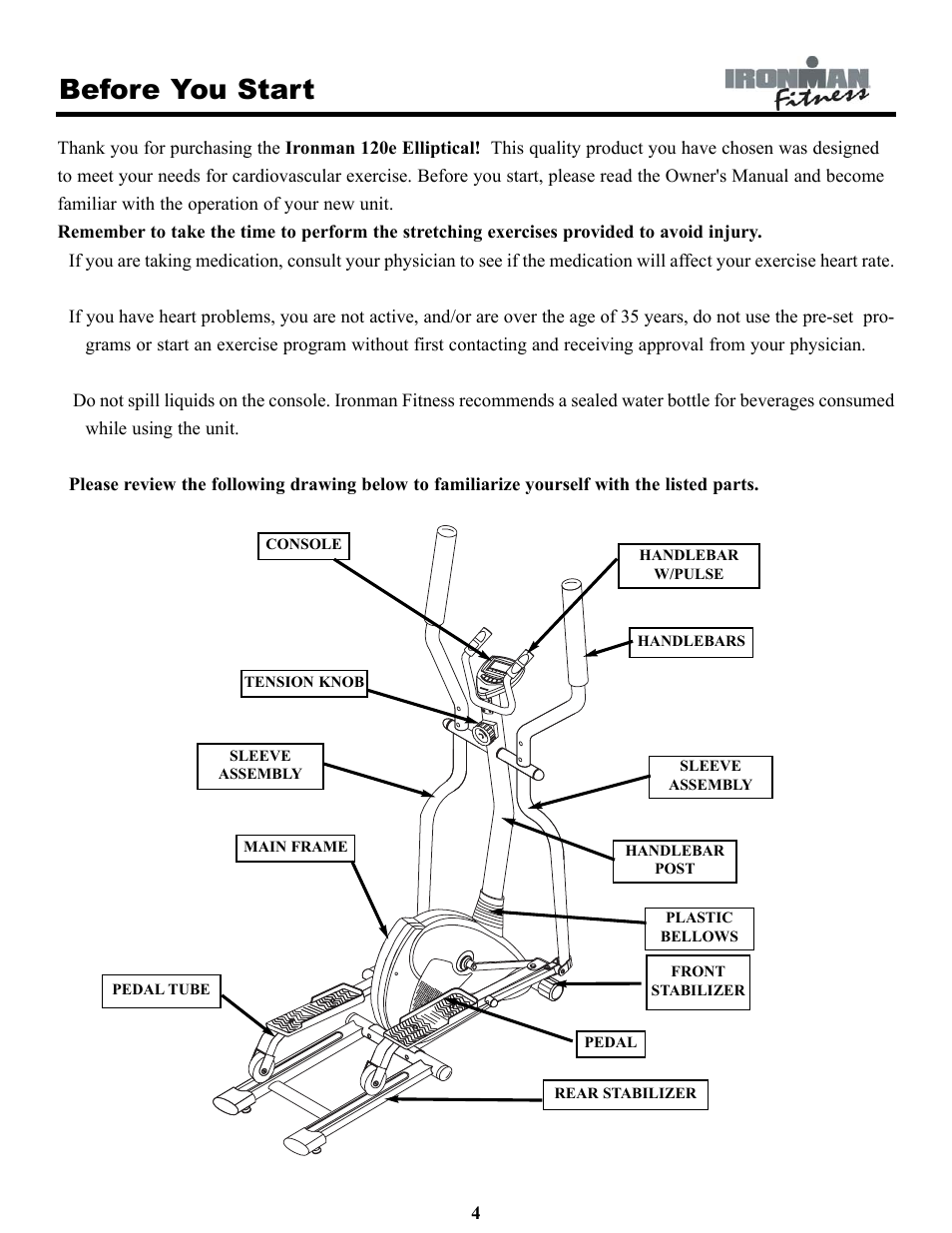 Before you start | Ironman Fitness IRONMAN 120e User Manual | Page 4 / 18