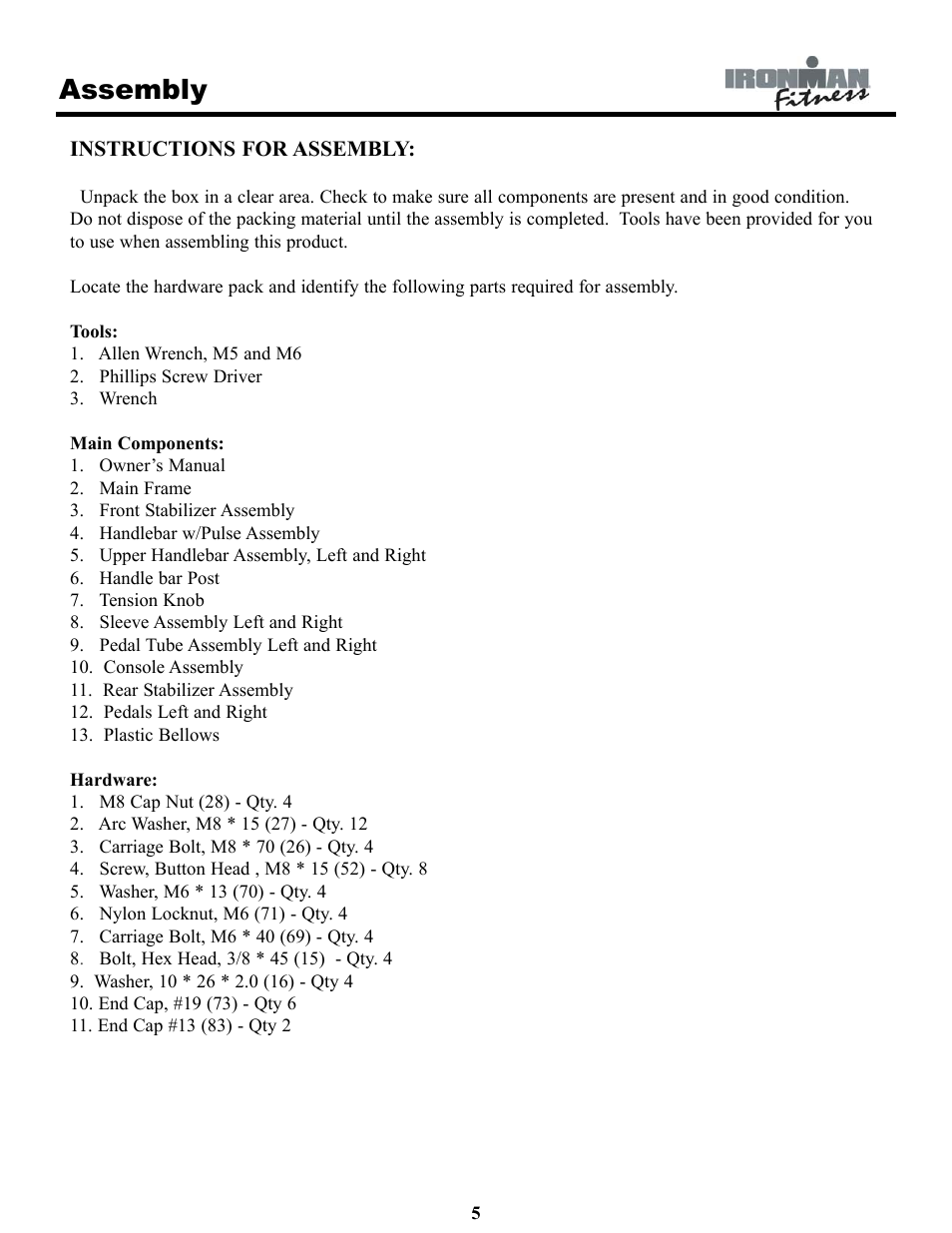 Assembly | Ironman Fitness IRONMAN 120e User Manual | Page 5 / 18