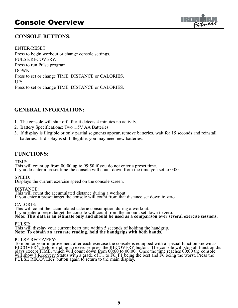Console overview | Ironman Fitness IRONMAN 120e User Manual | Page 9 / 18