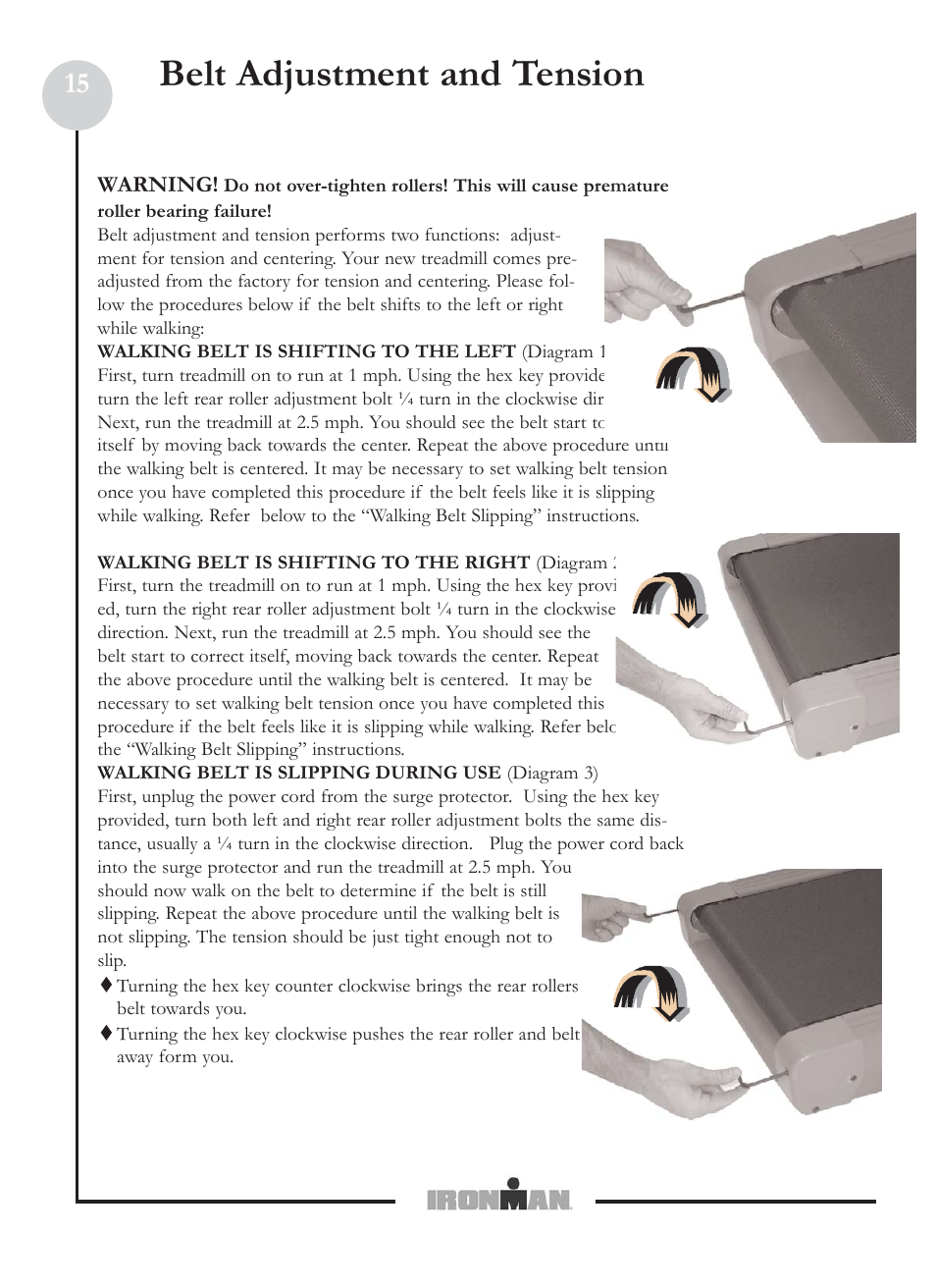 Belt adjustment and tension | Ironman Fitness M6 User Manual | Page 15 / 22