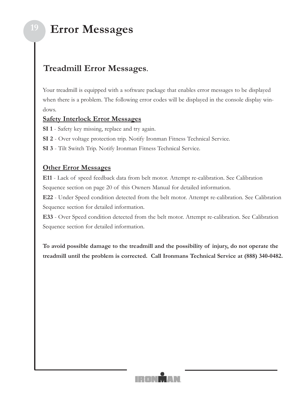 Error messages, 19 treadmill error messages | Ironman Fitness M6 User Manual | Page 19 / 22