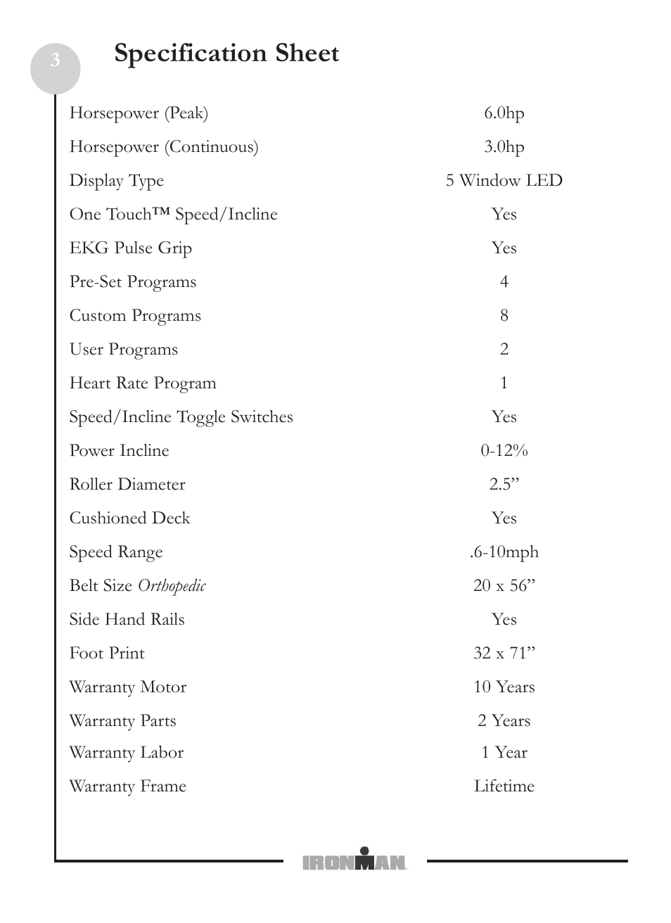 Specification sheet | Ironman Fitness M6 User Manual | Page 3 / 22