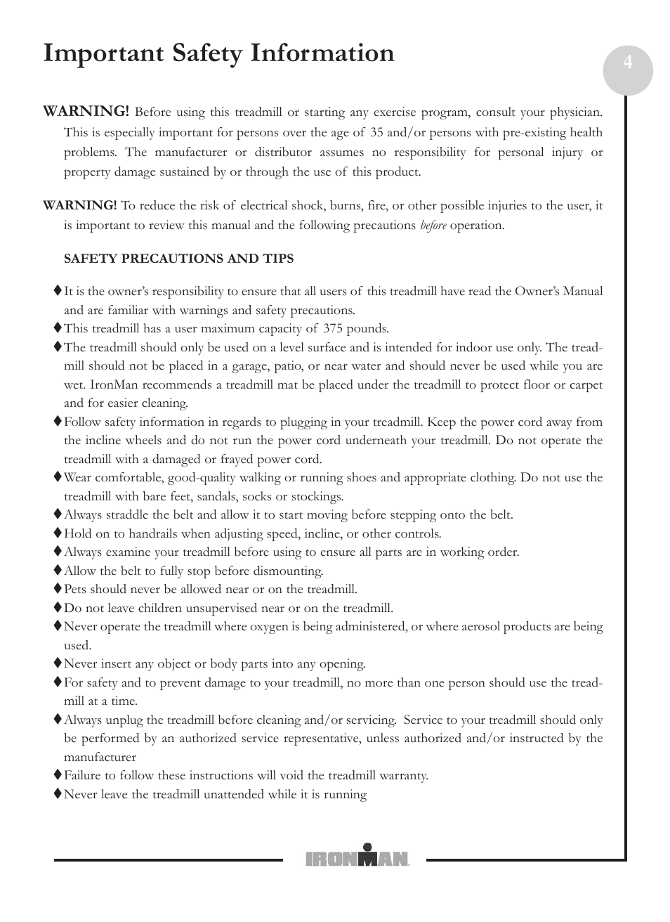 Important safety information | Ironman Fitness M6 User Manual | Page 4 / 22