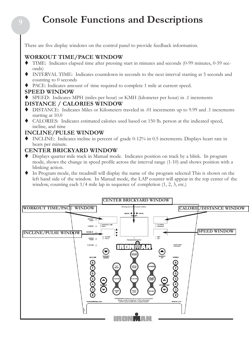 Console functions and descriptions | Ironman Fitness M6 User Manual | Page 9 / 22