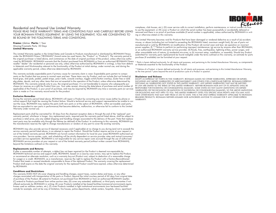 Residential and personal use limited warranty | Ironman Fitness Transition Recumbent Bike IM-R7 User Manual | Page 35 / 36