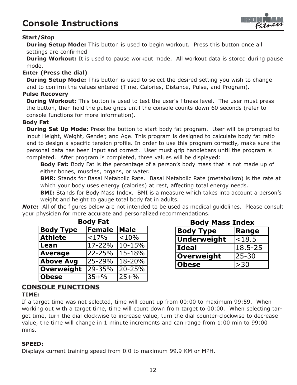 Console instructions | Ironman Fitness 350u User Manual | Page 12 / 28