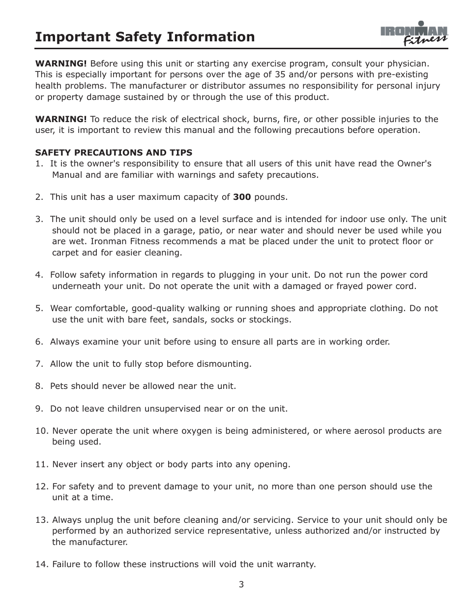 Important safety information | Ironman Fitness 350u User Manual | Page 3 / 28