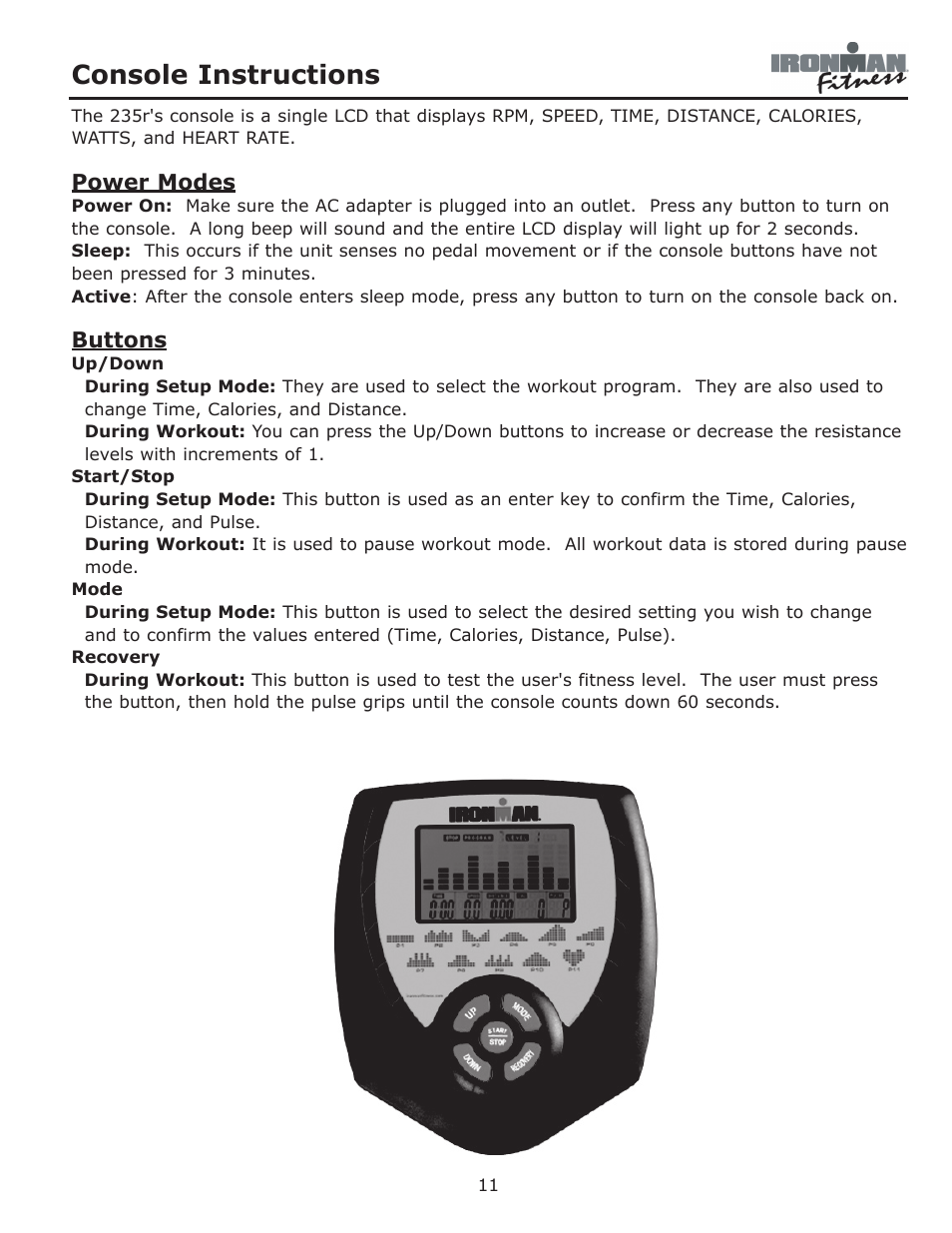 Console instructions | Ironman Fitness 235r User Manual | Page 11 / 24