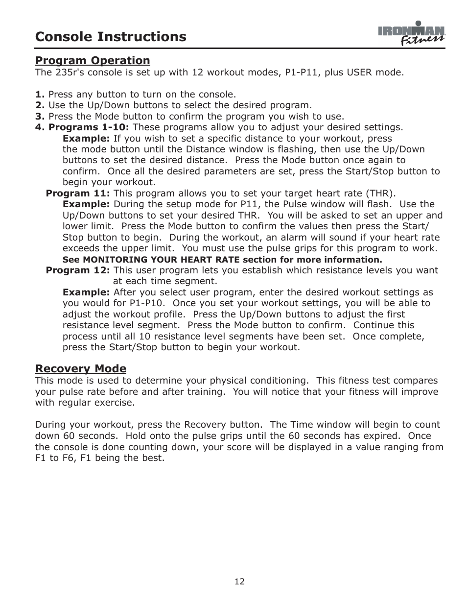 Console instructions | Ironman Fitness 235r User Manual | Page 12 / 24