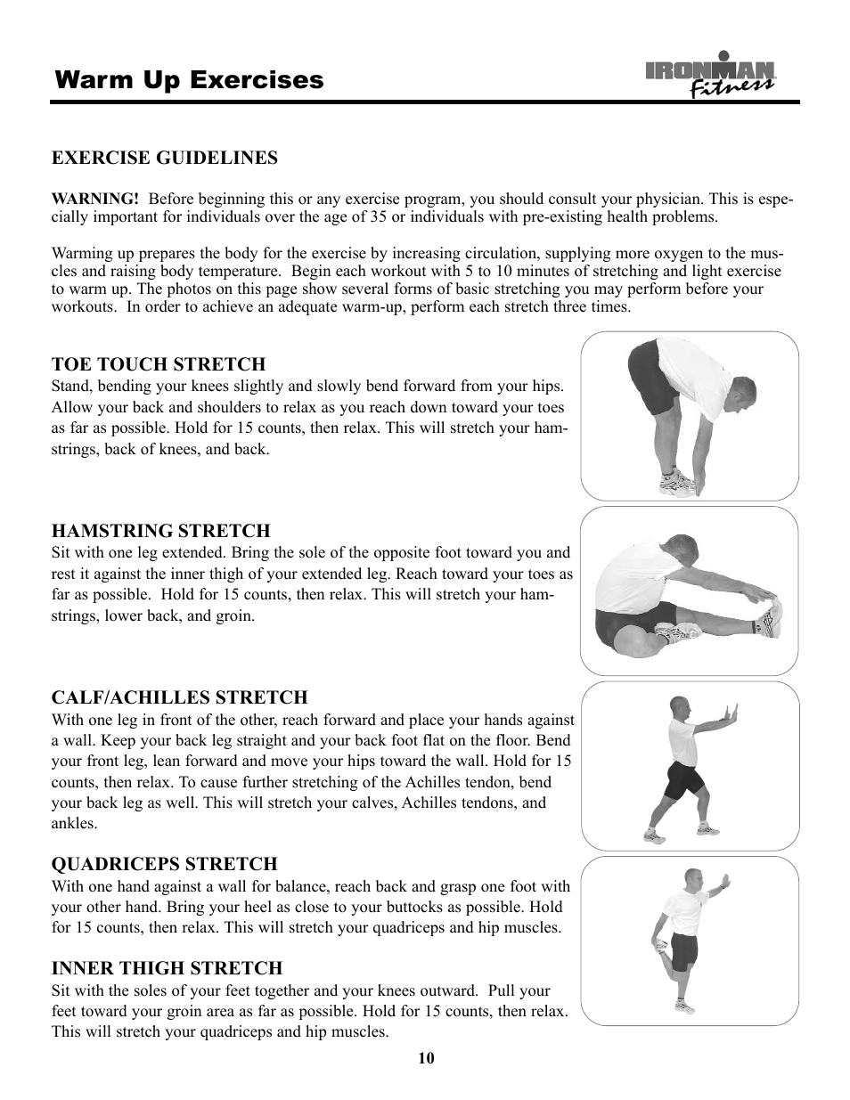Warm up exercises | Ironman Fitness 150t User Manual | Page 10 / 28