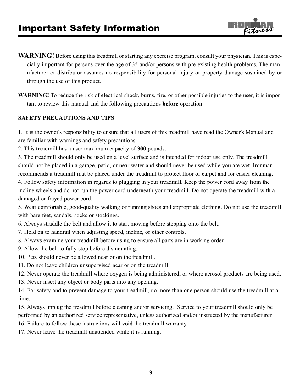 Important safety information | Ironman Fitness 150t User Manual | Page 3 / 28