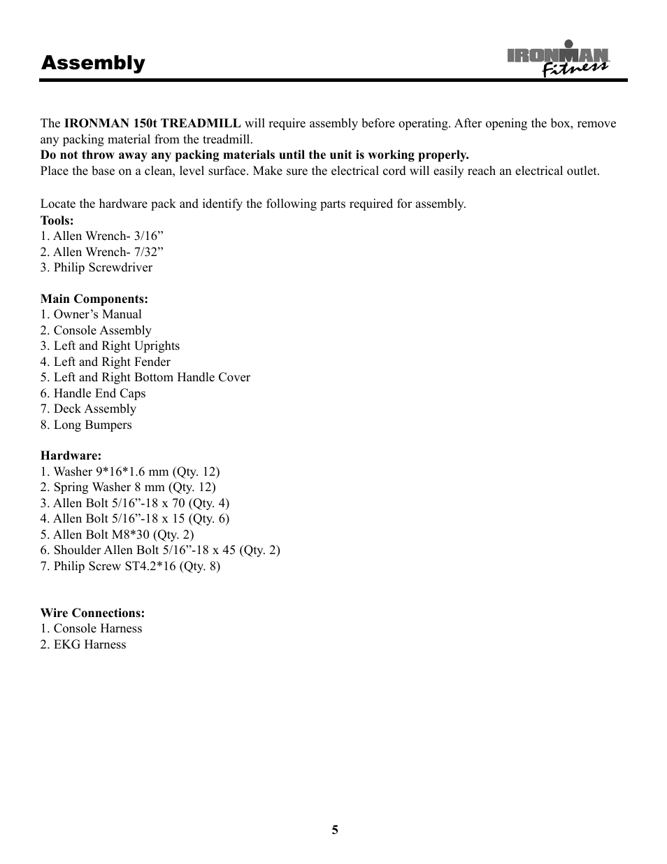 Assembly | Ironman Fitness 150t User Manual | Page 5 / 28