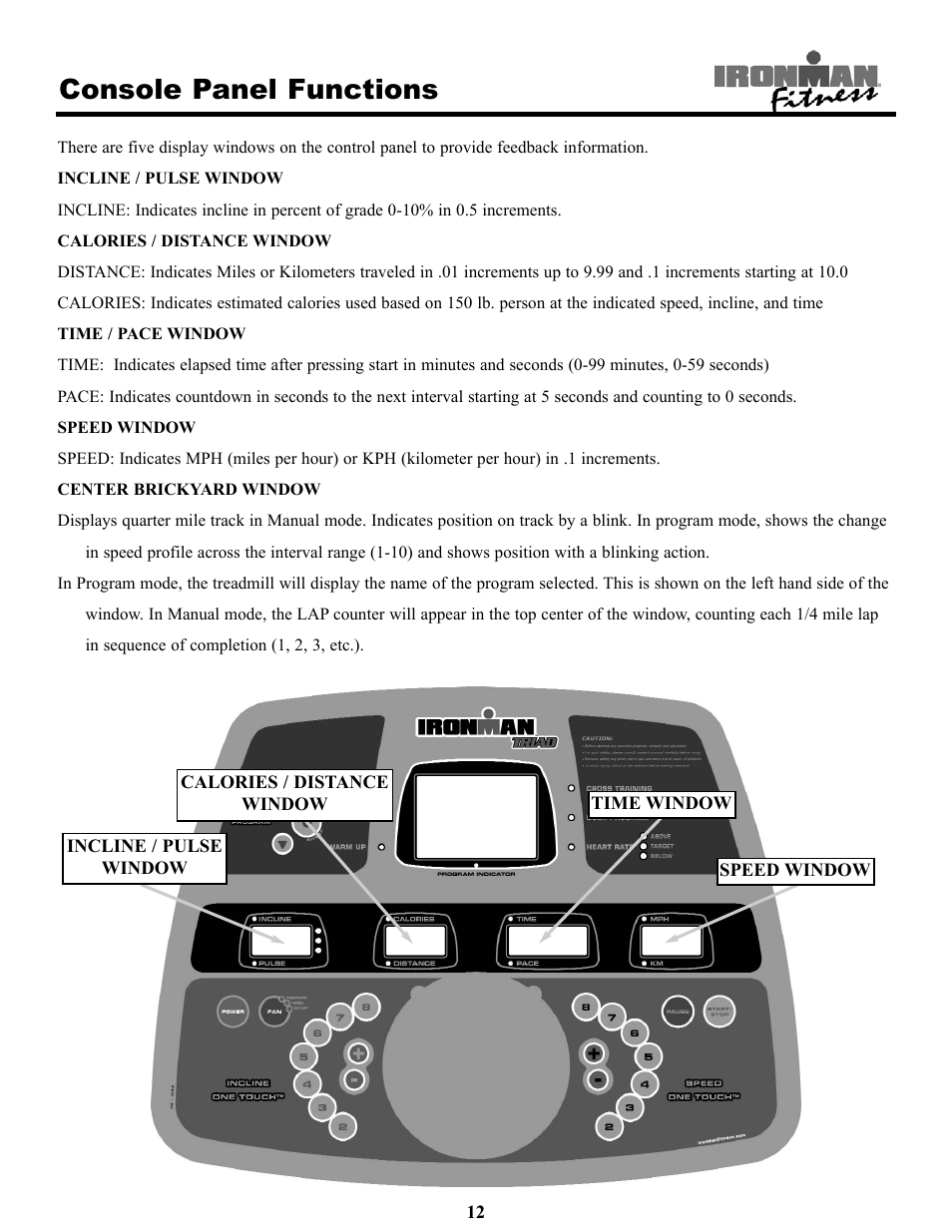 Console panel functions | Ironman Fitness Treadmill TRIAD User Manual | Page 12 / 34