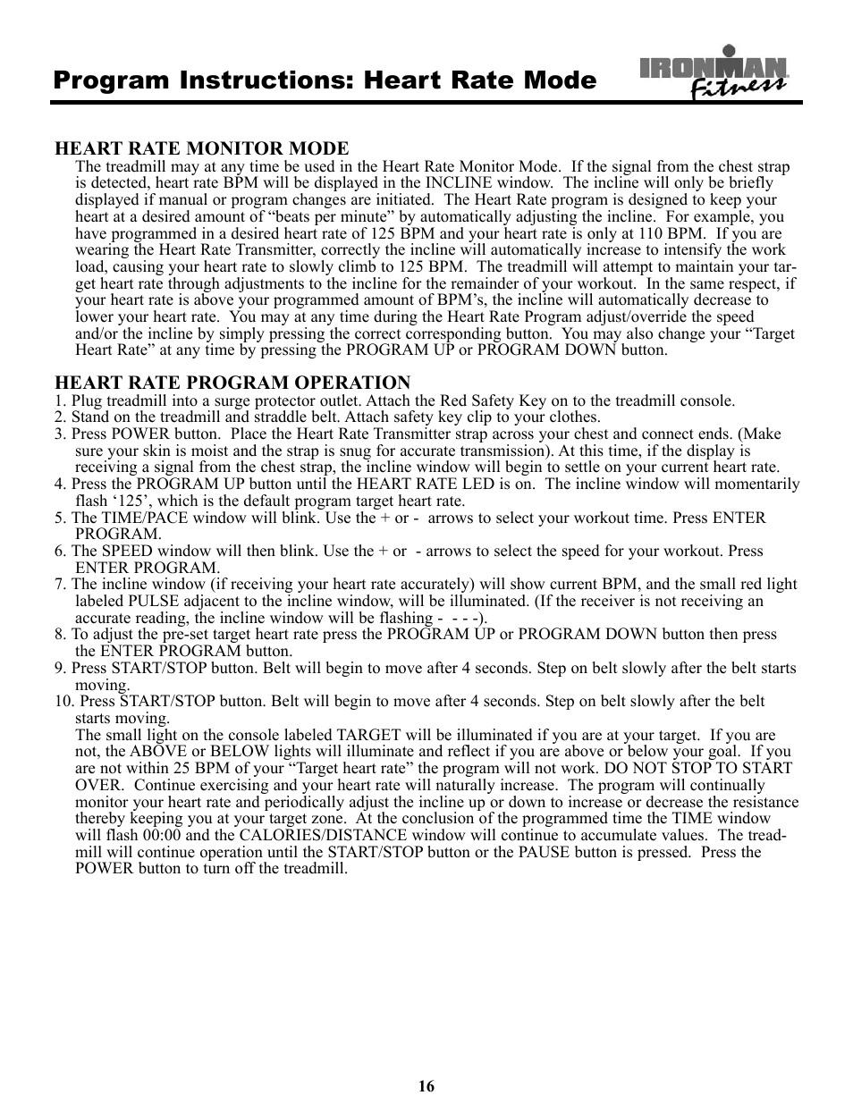 Program instructions: heart rate mode | Ironman Fitness Treadmill TRIAD User Manual | Page 16 / 34