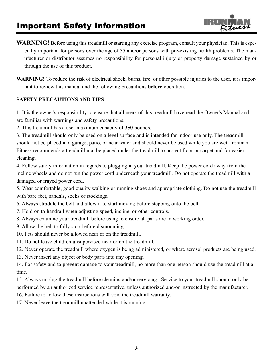 Important safety information | Ironman Fitness Treadmill TRIAD User Manual | Page 3 / 34