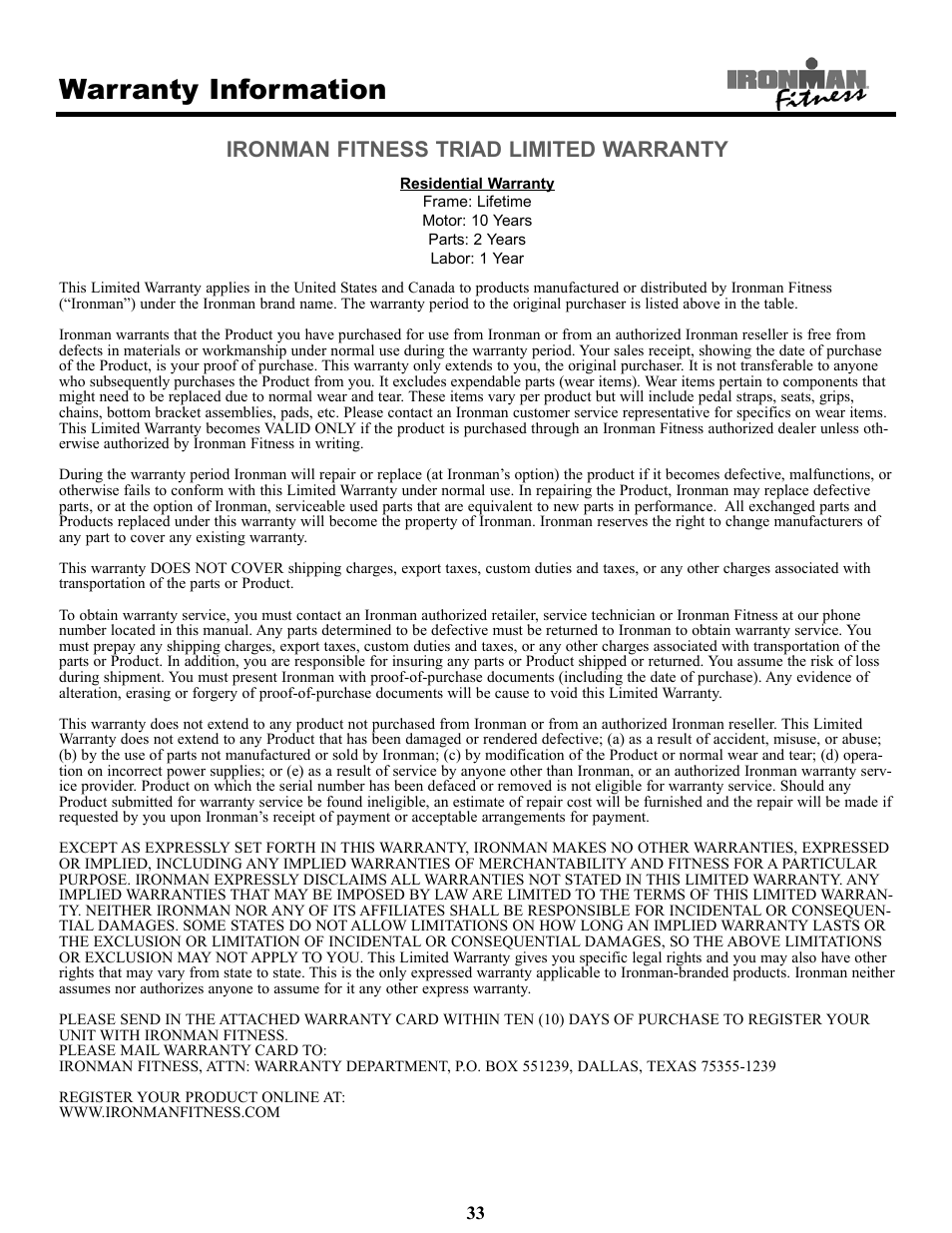 Warranty information, Ironman fitness triad limited warranty | Ironman Fitness Treadmill TRIAD User Manual | Page 33 / 34