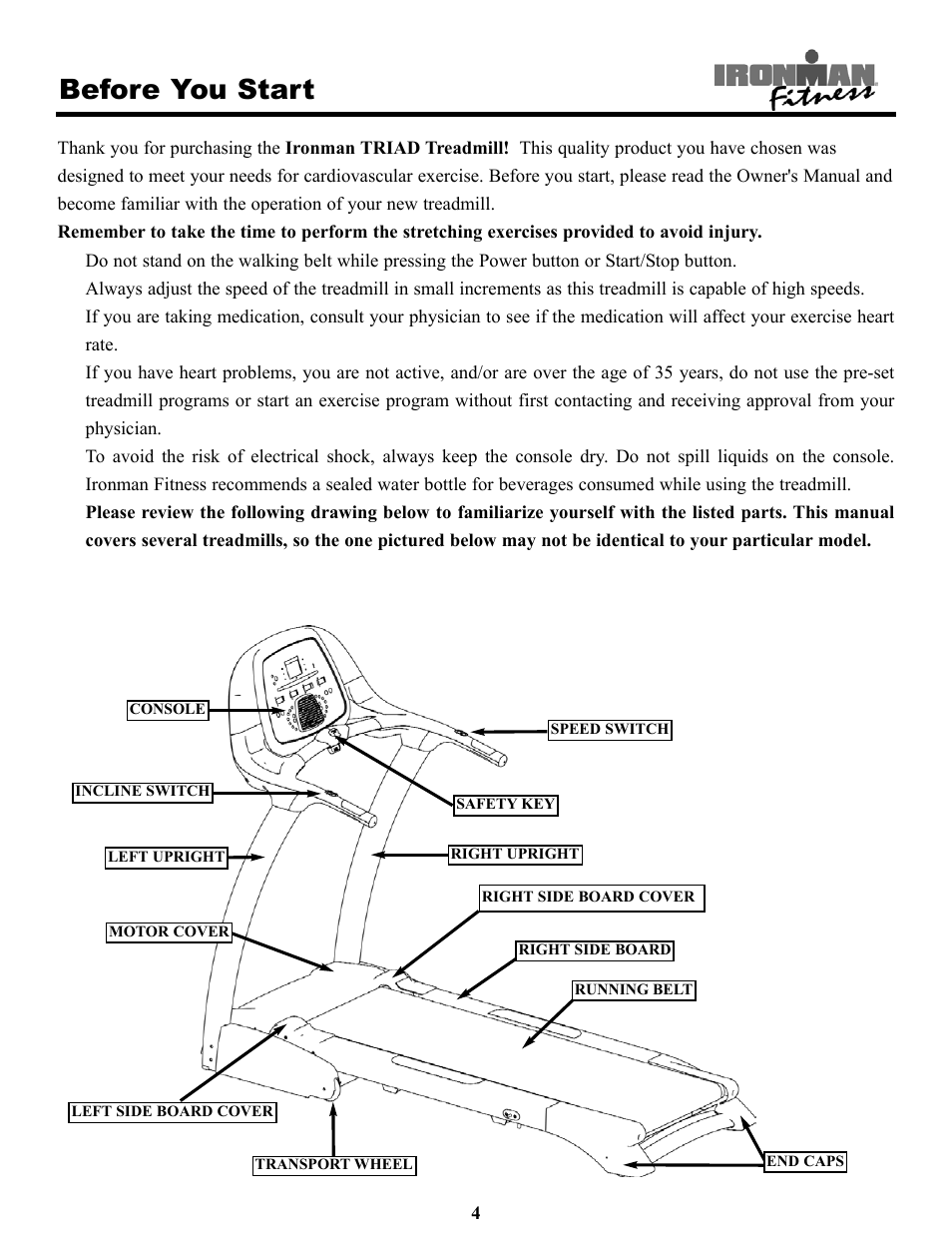Before you start | Ironman Fitness Treadmill TRIAD User Manual | Page 4 / 34