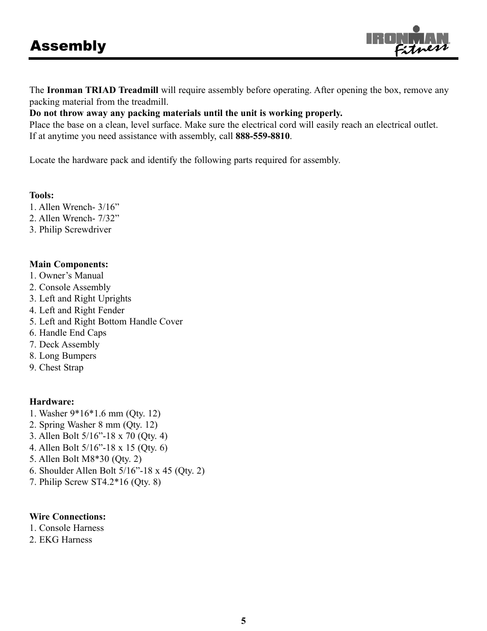 Assembly | Ironman Fitness Treadmill TRIAD User Manual | Page 5 / 34